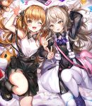  2girls :d ;d animal_bag arm_up ascot bag bare_arms bed_sheet black_dress black_footwear black_skirt blush boots brown_eyes brown_hair collared_shirt commentary dress frilled_pillow frills girls_frontline grey_legwear handheld_game_console knee_up kneehighs long_hair long_sleeves multiple_girls narae one_eye_closed one_side_up open_mouth pantyhose pillow purple_neckwear scar scar_across_eye shirt shoes shoulder_bag skirt sleeveless sleeveless_shirt smile stuffed_animal stuffed_toy suspender_skirt suspenders teddy_bear twintails ump45_(girls_frontline) ump9_(girls_frontline) upper_teeth very_long_hair white_legwear white_shirt white_skirt 