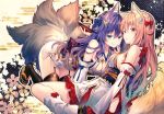  2girls :q all_fours animal_ears bare_shoulders black_legwear blue_eyes blue_hair breasts detached_sleeves fox_ears fox_girl fox_tail garter_straps japanese_clothes kimono kitsune large_breasts long_hair long_sleeves looking_at_viewer luanastia_fluegel multiple_girls multiple_tails obi original panties panty_peek parted_lips pink_hair red_eyes rianastia_flugel riichu sash smile tail thigh-highs thighs tongue tongue_out underwear white_kimono white_legwear zouri 