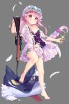  1girl bangs barefoot breasts feathers full_body glint grey_background gun itsuwari_alice looking_at_viewer midriff navel official_art pico_(p_i_c_o) pillow short_sleeves sidelocks simple_background small_breasts smile solo standing teeth weapon white_headwear 
