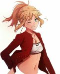  1girl artist_request bandeau bangs blonde_hair braid breasts cropped_torso eyebrows_visible_through_hair fate/apocrypha fate_(series) french_braid green_eyes grin highres jacket jewelry long_sleeves looking_at_viewer midriff mordred_(fate) mordred_(fate)_(all) navel one_eye_closed open_clothes open_jacket pendant ponytail red_jacket short_hair sidelocks simple_background small_breasts smile solo stomach upper_body white_background 