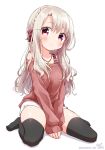  1girl bangs bare_shoulders black_legwear blonde_hair blush bow braid breasts clown_222 collarbone commentary_request eyebrows_visible_through_hair fate/kaleid_liner_prisma_illya fate_(series) grey_hair hair_bow illyasviel_von_einzbern jewelry long_hair looking_at_viewer necklace red_bow red_eyes red_sweater shorts simple_background small_breasts smile solo sweater thigh-highs white_background white_shorts 