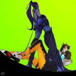  2girls artist_request ass blush brown_hair couple goggles goggles_on_head green_background long_hair looking_at_another multiple_girls overwatch pants ponytail purple_hair rope shoes short_hair simple_background smirk spiky_hair tracer_(overwatch) widowmaker_(overwatch) yuri 