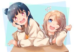  2girls ;d black_hair blue_eyes brown_hair commentary_request eyebrows_visible_through_hair hair_bun highres long_hair long_sleeves looking_at_viewer love_live! love_live!_sunshine!! multiple_girls naribee_(nton1263) one_eye_closed open_mouth red_eyes school_uniform short_hair smile teeth tsushima_yoshiko upper_teeth uranohoshi_school_uniform watanabe_you 