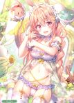  1girl :d absurdres animal animal_ears bare_shoulders blonde_hair blurry bra braid breasts bunny_girl carrot collarbone depth_of_field detached_collar detached_sleeves flower garter_straps hair_ornament headdress highres lingerie long_hair looking_at_viewer medium_breasts melonbooks navel no_shoes open_mouth original panties purple_bra purple_panties rabbit rabbit_ears red_eyes riichu scan see-through sidelocks sitting smile solo star star_hair_ornament stomach striped striped_legwear thigh-highs underwear underwear_only very_long_hair wariza white_flower 