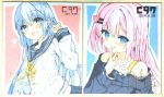  2girls :d animal animal_in_clothes bangs bare_shoulders black_sailor_collar black_skirt black_sweater blue_eyes blue_hair blush character_print collarbone commentary_request dated eyebrows_visible_through_hair gochuumon_wa_usagi_desu_ka? hair_between_eyes hair_ornament hairclip hand_up heart heart_hair_ornament highres kafuu_chino kouda_suzu long_hair long_sleeves multiple_girls neck_ribbon off-shoulder_sweater off_shoulder one_side_up open_mouth original photo pink_hair pleated_skirt print_shirt rabbit ribbon sailor_collar school_uniform serafuku shirt signature skirt sleeves_past_wrists smile sweater tippy_(gochiusa) traditional_media very_long_hair white_shirt x_hair_ornament yellow_ribbon 