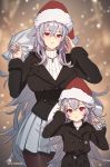  2girls age_difference azur_lane bangs black_jacket blazer breasts brown_legwear christmas crossed_bangs cuboon double-breasted graf_zeppelin_(azur_lane) grey_hair hair_between_eyes hands_up hat height_difference holding holding_sack jacket jewelry large_breasts long_hair long_sleeves looking_at_viewer miniskirt multiple_girls necklace pantyhose pleated_skirt red_eyes red_headwear ribbed_sweater sack santa_hat skirt sweater twitter_username v-shaped_eyebrows very_long_hair white_skirt zeppelin-chan_(azur_lane) 