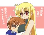  bare_shoulders blonde_hair blush breast_smother brown_hair chibi closed_eyes fate_testarossa kano-0724 long_hair looking_at_another lyrical_nanoha mahou_shoujo_lyrical_nanoha mahou_shoujo_lyrical_nanoha_strikers military military_uniform open_mouth red_eyes takamachi_nanoha translation_request turtleneck two-tone_background uniform yuri 
