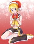  1girl bangs bare_shoulders belt black_collar blonde_hair blue_eyes box christmas collar commentary crop_top earmuffs fang fur-trimmed_hat fur-trimmed_mittens fur-trimmed_shorts fur_trim gift gift_box hair_ornament hairclip hat highres kagamine_rin leg_warmers looking_at_viewer midriff mittens navel open_mouth red_background red_headwear red_mittens sailor_collar santa_hat shirt shoes short_hair short_shorts shorts sitting sleeveless sleeveless_shirt smile snowflake_background solo sparkle supo01 swept_bangs vocaloid wariza white_footwear white_shirt 