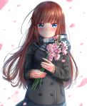  1girl black_jacket blue_eyes blue_scarf blue_skirt brown_hair crying crying_with_eyes_open dated flower highres hoary_stock jacket long_hair long_sleeves michiru_donut original petals pink_flower scarf simple_background skirt smile solo standing sweatdrop tears upper_body white_background 
