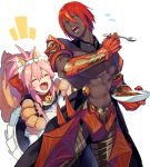  1boy 1girl ^_^ animal_ears apron ashwatthama_(fate/grand_order) closed_eyes curry curry_rice dark_skin dark_skinned_male fangs fate/grand_order fate_(series) food fox_ears fox_tail gauntlets highres long_hair maid ono_matope paws pink_hair redhead rice shirtless spoon tail tamamo_(fate)_(all) tamamo_cat_(fate) twintails yellow_eyes 