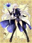  1girl aqua_eyes belt black_footwear black_legwear boots breasts bridal_gauntlets full_body gold_trim hand_up kerberos_blade l_(matador) long_hair looking_at_viewer open_mouth orb small_breasts smile solo standing thigh-highs thigh_boots very_long_hair white_hair 