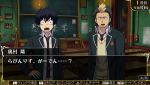  2boys ao_no_exorcist black_hair blue_eyes chalkboard classroom desk multicolored_hair multiple_boys okumura_rin pointy_ears school_uniform suguro_ryuuji translated 