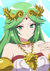  1girl bangs bare_shoulders blush breasts closed_mouth collarbone ddak5843 dress eyebrows_visible_through_hair forehead_jewel goddess green_eyes green_hair hand_up headpiece kid_icarus kid_icarus_uprising long_hair looking_at_viewer medium_breasts nintendo nintendo_ead palutena palutena_no_kagami parted_bangs solo sora_(company) strapless strapless_dress upper_body white_dress 