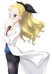  1girl absurdres artist_name ass assam_(girls_und_panzer) black_legwear black_skirt blonde_hair blue_eyes blush book breasts closed_mouth dated girls_und_panzer glasses hair_ornament hair_ribbon highres holding holding_book kuzuryuu_kennosuke labcoat long_hair looking_at_viewer looking_to_the_side miniskirt pantyhose ribbon shiny shiny_hair shiny_skin simple_background skirt small_breasts solo standing white_background 