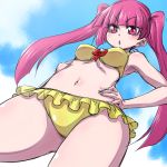  1girl bleach blush breasts clouds commentary_request dokugamine_riruka hanya_(hanya_yashiki) long_hair looking_at_viewer nail_polish navel open_mouth purple_hair solo swimsuit twintails violet_eyes 