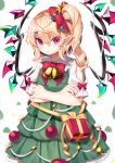  1girl abstract_background alternate_costume annoyed bell blonde_hair bow bowtie box christmas_ornaments commentary_request cowboy_shot crossed_arms dress eyebrows_visible_through_hair flandre_scarlet gift gift_box green_dress gunjou_row hair_between_eyes hair_bow hair_ornament head_tilt highres layered_dress light_frown petticoat pinafore_dress pointy_ears raglan_sleeves red_eyes red_neckwear shirt short_hair short_sleeves side_ponytail slit_pupils solo standing star star_hair_ornament touhou white_background white_shirt 