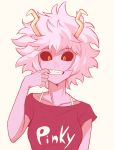  1girl ashido_mina black_sclera boku_no_hero_academia bra_strap collarbone duplicate english_text eyebrows eyelashes fingersmile grin highres horns messy_hair open_mouth orange_eyes pink_hair pink_skin sally_(luna-arts) shirt short_hair simple_background smile solo t-shirt teeth upper_body yellow_eyes 