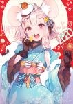  +_+ 1girl 2020 animal_ears blonde_hair cheese chinese_zodiac food furisode highres japanese_clothes kanola_u kimono mouse_ears mouse_girl mouse_tail original red_eyes symbol-shaped_pupils tail year_of_the_rat 