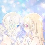  2girls blonde_hair closed_mouth eye_contact grey_hair hands_together hands_up hinayuki_usa long_hair looking_at_another multiple_girls nude original profile red_eyes smile star upper_body violet_eyes wavy_hair 