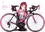  1girl bicycle black_legwear blush breasts closed_mouth commentary_request full_body gradient ground_vehicle hair_behind_ear hair_between_eyes hair_ornament hairclip half_updo hand_in_hair hand_on_ear head_tilt huyukaaki jacket kneeling long_hair long_sleeves looking_at_viewer love_live! love_live!_school_idol_project love_live!_sunshine!! miniskirt pantyhose pink_skirt plaid pleated_skirt redhead sakurauchi_riko shoes skirt skirt_set small_breasts smile sneakers solo white_background yellow_eyes 
