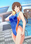  1girl blue_sky blue_swimsuit brown_eyes brown_hair clock competition_swimsuit covered_navel cowboy_shot dutch_angle highleg highleg_swimsuit highres idolmaster idolmaster_cinderella_girls idolmaster_cinderella_girls_starlight_stage long_hair low_ponytail nitta_minami one-piece_swimsuit outdoors pool pool_ladder sky solo standing swimsuit yao_(user_jzpa8855) yellow_towel 