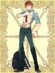 1boy adjusting_neckwear backpack backpack_removed bag black_footwear blue_shirt book brown_hair full_body green_eyes hand_up holding holding_book kerberos_blade l_(matador) male_focus necktie pants shirt simple_background solo standing vest watch watch yellow_background 