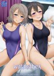  2girls bed black_hair blue_eyes collarbone competition_swimsuit cousins cover feet_out_of_frame grey_hair highleg highleg_swimsuit indoors love_live! love_live!_sunshine!! love_live!_sunshine!!_the_school_idol_movie_over_the_rainbow medium_hair miel_(lessontome) multiple_girls one-piece_swimsuit pillow purple_swimsuit saliva short_hair sitting swimsuit violet_eyes watanabe_tsuki watanabe_you waving 