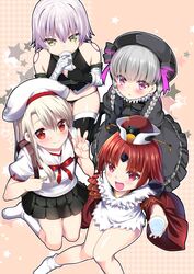  4girls bandaged_arm bandages bangs bare_shoulders benienma_(fate/grand_order) black_dress black_gloves black_headwear black_legwear black_panties black_skirt blonde_hair blush braid breasts commentary_request cup dress drinking eyebrows_visible_through_hair fate/grand_order fate_(series) fingerless_gloves from_above gloves green_eyes grey_hair highres holding illyasviel_von_einzbern jack_the_ripper_(fate/apocrypha) long_hair looking_at_viewer multiple_girls nursery_rhyme_(fate/extra) panties pikazo pink_eyes red_eyes redhead shirt short_hair skirt small_breasts socks tattoo twin_braids underwear w white_hair white_headwear white_legwear white_shirt wide_sleeves 