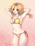  1girl :3 :d armpits arms_behind_head bangs bikini breasts collarbone earrings eyebrows_visible_through_hair green_earrings hair_tubes jewelry long_hair looking_at_viewer low_twintails medium_breasts navel open_mouth orange_hair orendi_laran parted_bangs red_eyes side-tie_bikini smile sodina_dawnfried solo stomach swimsuit thousand_arms twintails wind yellow_bikini 