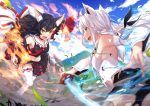  2girls animal_ears armpits battle black_hair breasts commentary_request detached_sleeves fire fox_ears fox_tail hair_ornament hairclip hololive ice japanese_clothes leg_up long_hair looking_at_another m-ya mountain multiple_girls official_art ookami_mio shirakami_fubuki silver_hair smoke tail thigh-highs weapon wolf_ears 
