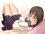  1girl adjusting_eyewear bangs bed_sheet black_legwear blouse blue_neckwear brown_eyes brown_hair glasses idolmaster idolmaster_cinderella_girls kamijou_haruna kneehighs lielos long_sleeves looking_at_viewer looking_back lying miniskirt neckerchief on_back on_bed open_mouth pillow pink-framed_eyewear pleated_skirt school_uniform serafuku short_hair skirt socks solo white_blouse 