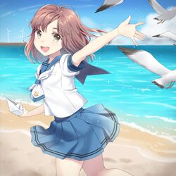  1girl arm_up beach bird blue_sailor_collar blue_skirt blue_sky brown_hair clouds commentary day holding horizon looking_at_viewer looking_back medium_hair neckerchief ocean open_mouth original outdoors paper_boat pleated_skirt running sailor_collar school_uniform seagull serafuku shirt short_sleeves skirt sky sleeve_cuffs solo unya_(unya-unya) upper_teeth white_neckwear white_shirt wind_turbine windmill 