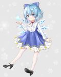  1girl :3 absurdres adapted_costume arm_up black_footwear blue_dress blue_eyes blue_hair blush bow cirno commentary_request dress embroidered_dress eyebrows_visible_through_hair full_body grey_background hair_between_eyes hair_bow half_updo high_heels highres ice lace lace_legwear layered_dress long_sleeves looking_at_viewer nyanyanoruru pinafore_dress shirt simple_background smile snowflake_background snowflakes solo touhou white_legwear white_shirt wings 