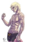  1boy blonde_hair blue_eyes bulge dated frown garrett_(sennen_sensou_aigis) hand_up highres kei_jiei male_focus navel pectorals sennen_sensou_aigis shirtless simple_background standing towel white_background 