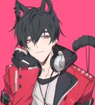  1boy animal_ears black_gloves black_hair buried_stars cat_boy cat_ears cat_tail chinese_commentary closed_mouth commentary ear_piercing eyebrows_behind_hair fingerless_gloves gloves grey_eyes hair_between_eyes han_do-yoon hand_on_own_chin headphones headphones_around_neck highres jacket long_sleeves looking_to_the_side male_focus open_clothes open_jacket piercing pink_background red_jacket shirt short_hair shoulder_spikes simple_background solo spikes tail white_shirt yusa_(yusa0751) 