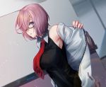  1girl aona_(kuuga19yuu) armpits artist_name breasts commentary_request eyebrows_visible_through_hair fate/grand_order fate_(series) glasses hair_over_one_eye indoors large_breasts looking_at_viewer mash_kyrielight necktie open_mouth pink_hair purple_hair red_neckwear short_hair sleeveless smile solo violet_eyes 