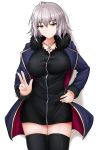  1girl ahoge bangs black_dress black_legwear blue_jacket blush breasts closed_mouth dress fate/grand_order fate_(series) full-length_zipper fur-trimmed_jacket fur-trimmed_sleeves fur_trim hair_between_eyes highres jacket jeanne_d&#039;arc_(alter)_(fate) jeanne_d&#039;arc_(fate)_(all) jewelry large_breasts long_sleeves looking_at_viewer necklace open_clothes open_jacket poshi_(ginmokusei) short_dress short_hair silver_hair simple_background solo thigh-highs thighs white_background wicked_dragon_witch_ver._shinjuku_1999 yellow_eyes zipper 