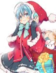  1girl :3 ahoge aqua_bow aqua_eyes aqua_hair bag black_skirt black_sleeves blush bow bowtie christmas closed_mouth coat dot_nose fur-trimmed_hat fur-trimmed_skirt fur-trimmed_sleeves fur_trim gift hair_between_eyes hands_on_headphones hat headphones jiyuu_(xjuyux) long_sleeves looking_at_viewer original rabbit red_coat santa_hat short_hair skirt sleeves_past_wrists solo striped striped_bow white_background 