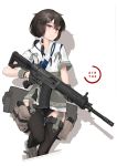  1girl absurdres assault_rifle black_hair chinese_text gloves gun gun_case half_gloves highres magazine_(weapon) original personification qbz-191 rifle shoes smile sneakers solo thigh-highs translated trigger_discipline vectorek weapon yellow_eyes 