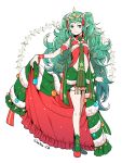  1girl braid christmas_ornaments closed_mouth dress fire_emblem fire_emblem:_three_houses fire_emblem_heroes full_body fur_trim green_eyes green_hair hair_ornament highres long_hair nagao_uka pointy_ears simple_background smile solo sothis_(fire_emblem) tiara twin_braids twitter_username white_background 