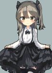  1girl bangs black_legwear black_neckwear black_ribbon black_skirt bow bowtie brown_eyes brown_hair casual closed_mouth collared_shirt commentary_request curtsey eyebrows_visible_through_hair frown gingerbullet girls_und_panzer grey_background hair_ribbon high-waist_skirt layered_skirt long_hair long_sleeves looking_at_viewer one_side_up ribbon shimada_arisu shirt simple_background skirt skirt_hold solo striped striped_legwear suspender_skirt suspenders thigh-highs upper_body white_shirt 