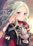  2girls arm_guards blue_ribbon byleth_(fire_emblem) byleth_eisner_(female) cape closed_mouth crying crying_with_eyes_open cute day edelgard_von_hresvelg female_my_unit_(fire_emblem:_three_houses) female_pov fire_emblem fire_emblem:_three_houses fire_emblem:_three_houses forehead hair_ribbon highres intelligent_systems light_smile long_hair long_sleeves military military_uniform multiple_girls my_unit_(fire_emblem:_three_houses) nintendo outstretched_arm pov red_cape ribbon ringozaka_mariko sad signature silver_hair tears uniform upper_body violet_eyes window wiping_tears 