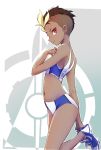  1girl blonde_hair brown_hair dark_skin harriet_bree highres iesupa multicolored_hair navel red_eyes rwby shoes short_hair sneakers solo sports_bikini sports_bra sportswear track_and_field track_uniform two-tone_hair undercut 