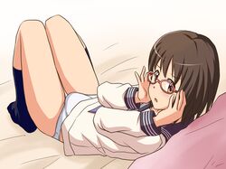  1girl adjusting_eyewear bangs bed_sheet black_legwear blouse blue_neckwear blue_panties blush brown_eyes brown_hair glasses idolmaster idolmaster_cinderella_girls kamijou_haruna lielos long_sleeves looking_at_viewer looking_back lying neckerchief no_pants on_back on_bed open_mouth panties pillow pink-framed_eyewear school_uniform serafuku short_hair socks solo thigh_gap underwear white_blouse 