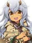  1girl :d brown_eyes brown_horns dark_skin grey_hair hood hood_down horns kerberos_blade l_(matador) long_hair open_mouth simple_background smile solo upper_body white_background 