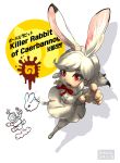  1girl 1other absurdres animal_ears arm_up armor bangs black_hair blood blood_on_face character_name creature_and_personification dated english_text extra_ears eyebrows_visible_through_hair eyelashes full_armor full_body fur-trimmed_sleeves fur_collar fur_trim highres japari_symbol kemono_friends killer_rabbit_of_caerbannog knight long_hair long_sleeves looking_at_viewer monty_python monty_python_and_the_holy_grail multicolored_hair open_mouth original outstretched_arm pantyhose personification rabbit rabbit_ears reaching_out red_eyes roonhee sharp_teeth shirt sidelocks skirt solo_focus swept_bangs teeth two-tone_hair white_hair white_legwear white_shirt white_skirt 