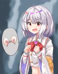  absurdres animal_ears blurry blurry_background clenched_hands commentary_request fake_animal_ears granblue_fantasy hair_ornament hairclip highres long_sleeves looking_at_viewer midriff open_mouth red_ribbon ribbon short_hair silver_hair solo tears twitter_username vikala_(granblue_fantasy) 