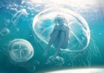  1girl animal barefoot blurry blurry_background closed_eyes closed_mouth commentary day depth_of_field english_commentary hands_on_own_knees jellyfish knees_up nude original outdoors short_hair solo spencer_sais transparent underwater water 