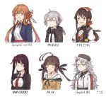  6+girls ahoge bandana bangs black_headwear blush breasts brown_hair closed_mouth dated eyebrows_visible_through_hair gepard_m1_(girls_frontline) girls_frontline hair_between_eyes hair_ribbon hat headphones headphones_around_neck jacket kawashina_(momen_silicon) long_hair long_sleeves m14_(girls_frontline) m1903_springfield_(girls_frontline) m200_(girls_frontline) messy_hair multiple_girls neck_ribbon necktie one_side_up open_mouth orange_hair ribbon short_sleeves signature silver_hair simple_background smile twintails upper_body violet_eyes wa2000_(girls_frontline) white_background zvi_falcon_(girls_frontline) 
