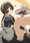  1girl absurdres apron arm_between_legs black_dress black_eyes bow braid brown_hair cookie dress drink drinking_straw eyebrows_visible_through_hair food grin hair_bow heart heart-shaped_food highres long_hair long_sleeves looking_at_viewer maid maid_apron maid_headdress maria-sama_ga_miteru shimazu_yoshino sitting smile solo tokiani tray wrist_cuffs yellow_bow 